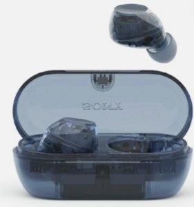 Translucent blue Sony WF-C710N wireless earbuds and their matching charging case against a white background.
