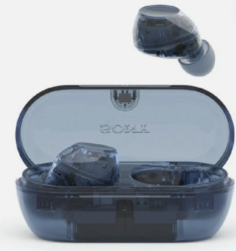 Translucent blue Sony WF-C710N wireless earbuds and their matching charging case against a white background.